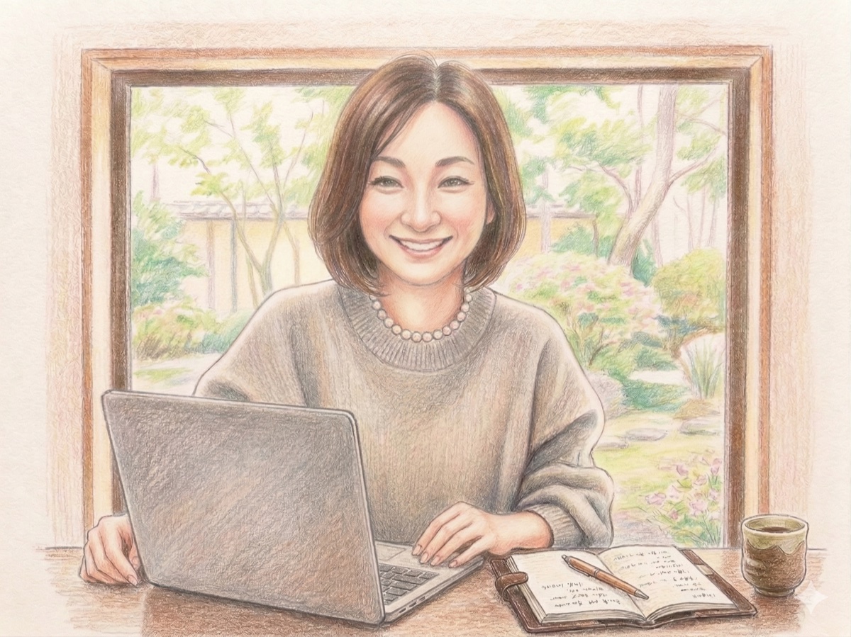 ノートパソコンに向かう笑顔の女性のイラスト